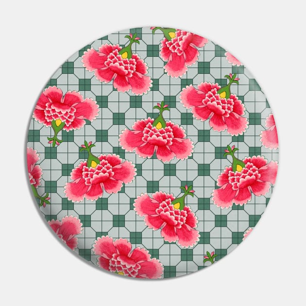 Chinese Vintage Pink and Red Flowers with Forest Green Tile - Hong Kong Traditional Floral Pattern Pin by CRAFTY BITCH