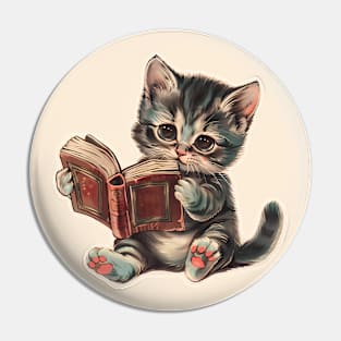 Cute cat reading book retro children illustration Pin