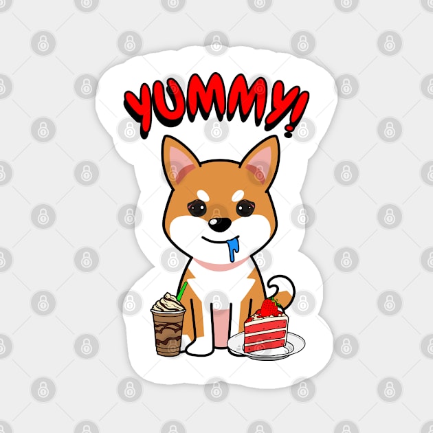 Cute orange dog is having coffee and cake Magnet by Pet Station