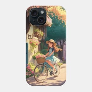 A cute girl explores a lively street on her bicycle. Phone Case