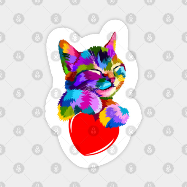 Colorful Cat Pop Art Kitty Kitten Hug A Heart Meow Painting Cat