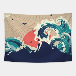 Big sea waves and island at sunset Tapestry