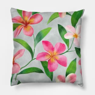 Tropical plumeria flowers and leaves watercolor seamless pattern. Exotic pink flowers composition. Colorful floral summer arrangement on textural background Pillow