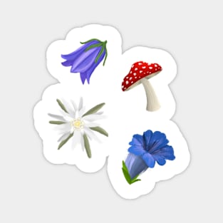 Alpine blooms - edelweiss, gentian, bellflower, fly agaric mushroom Magnet