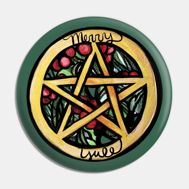 Merry Yule Pentacle Holly Berry Pin by bubbsnugg