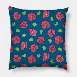 Poppies flowers and seeds pattern - Blue Pillow