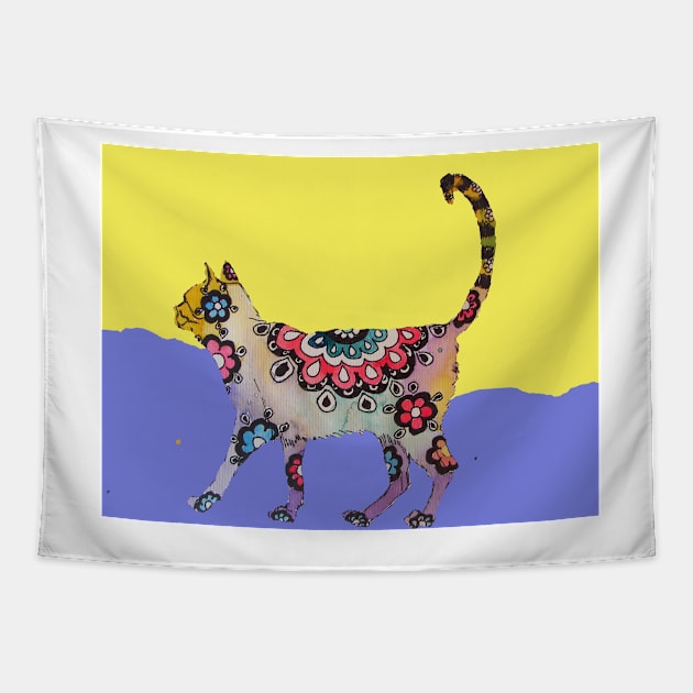 Boho Flower Cat Zentange Tapestry by SarahRajkotwala