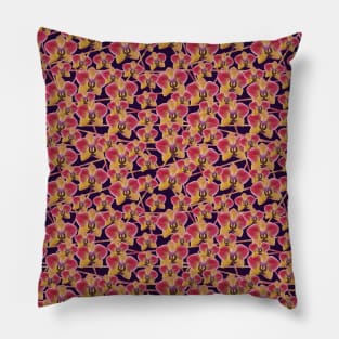 Pink and Yellow Orchid Pattern on Dark Purple Background with Lines Pillow