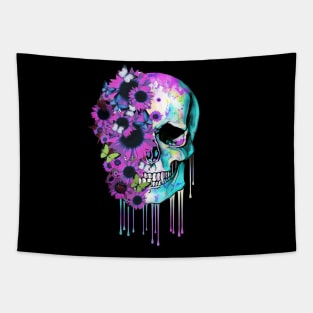 Tattoo skull floral sunflowers watercolor design Tapestry