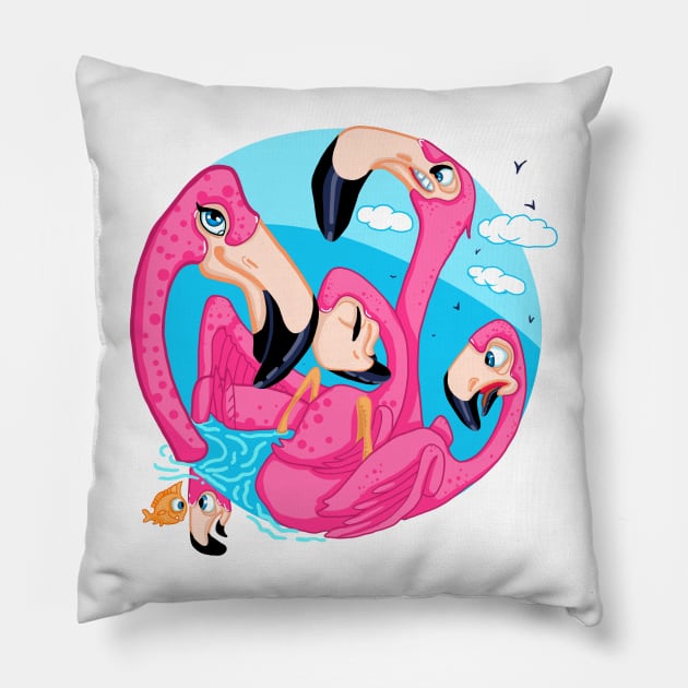 Crazy  pink family flamingo Pillow by Olena Dosch