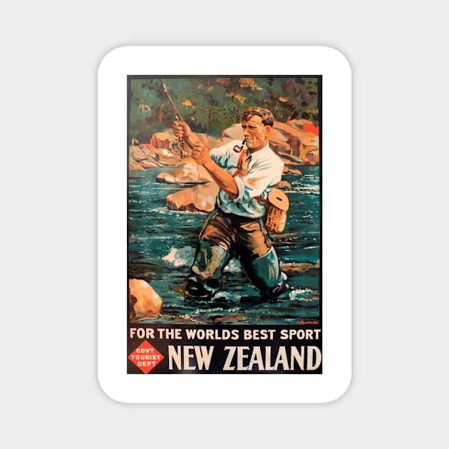 Fly Fishing in New Zealand - Vintage Travel Poster Design Magnet by Naves