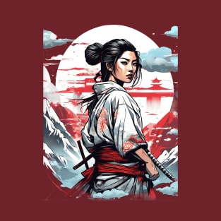 red samurai girl near mountains T-Shirt