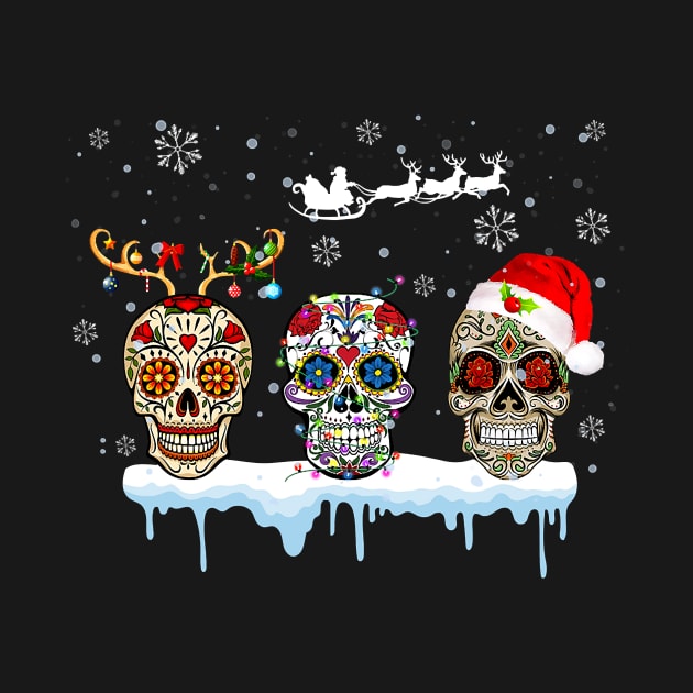 Christmas Three Mexican Flower Sugar Skull In Snow Xmas by lostbearstudios