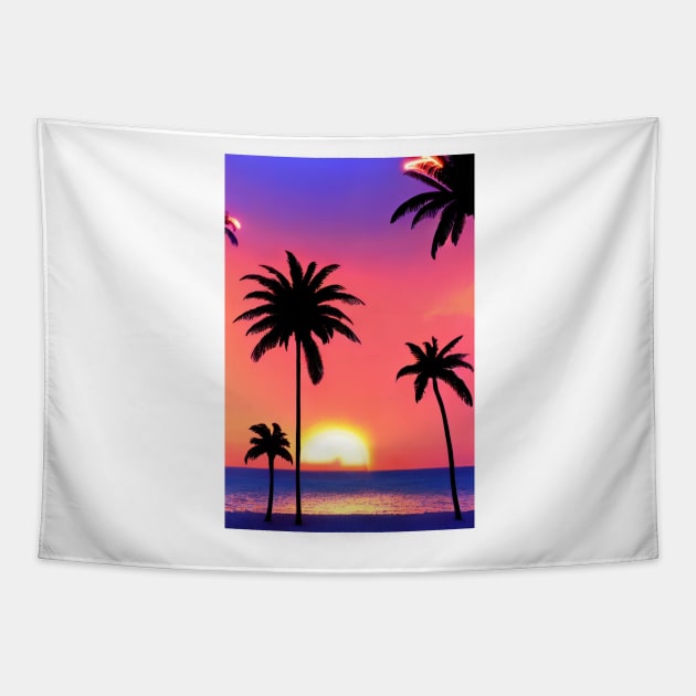 Hot Summer Sunset Palm Tree Beach Ocean Artistic Paradise Tapestry by Trendy-Now