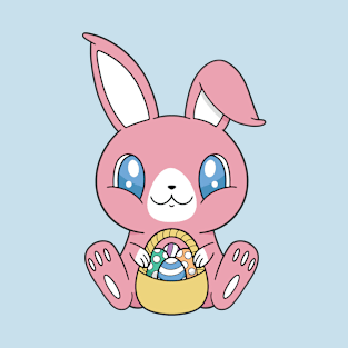 Cute Large Eye Baby Pink Easter Bunny with Basket of Eggs T-Shirt