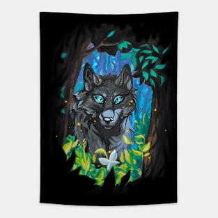 Black Wolf with Glowing Blue Eyes in the Forest Tapestry