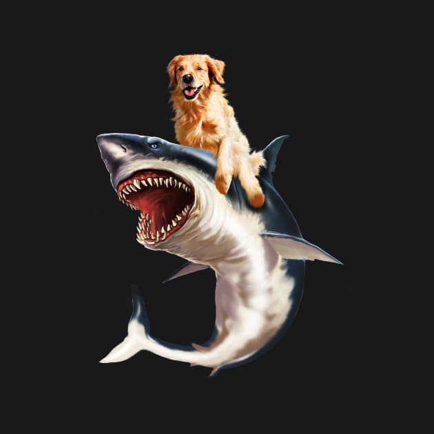 Funny Golden Retriever Dog Riding Shark by dukito