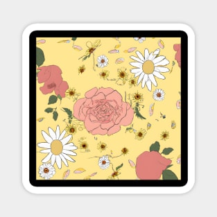 Delicate Hand-Sketched Flowers: Vintage Wallpaper with Daisies and Roses on Yellow. Magnet