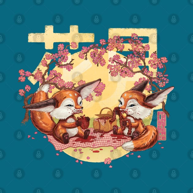 Hanami Fox Picnic (blue) T Shirt by Floof Monster Co