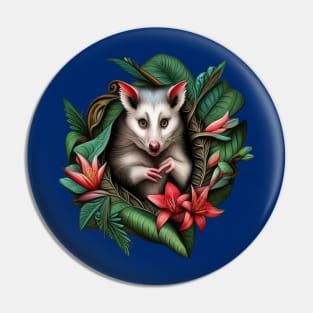 North American Opossum Surrounded By Carolina Lily Tattoo Art Pin