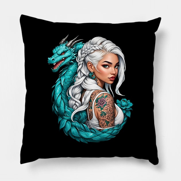 Bohemian Tattooed Girl with a dragon pet comic design Pillow by Neon City Bazaar