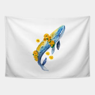 Watercolor whale and yellow flowers Tapestry