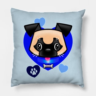 Pug Love Blue Pillow