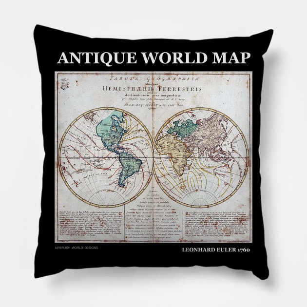 Antique World Map Leonhard Euler 1760 Pillow by Airbrush World