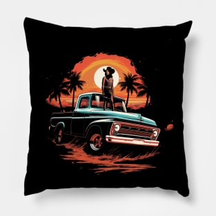 Coastal Cowgirl on Truck Retro Sunset Illustration Pillow