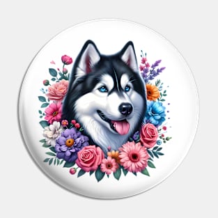 A siberian husky decorated with beautiful colorful flowers. Pin