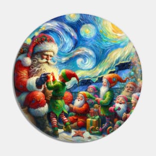 Santa & Elves Gift Preparation - Classic Oil Painting Pin