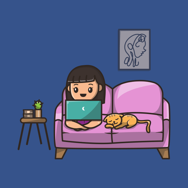 Cute Girl Working On Laptop With Cat Cartoon by Catalyst Labs