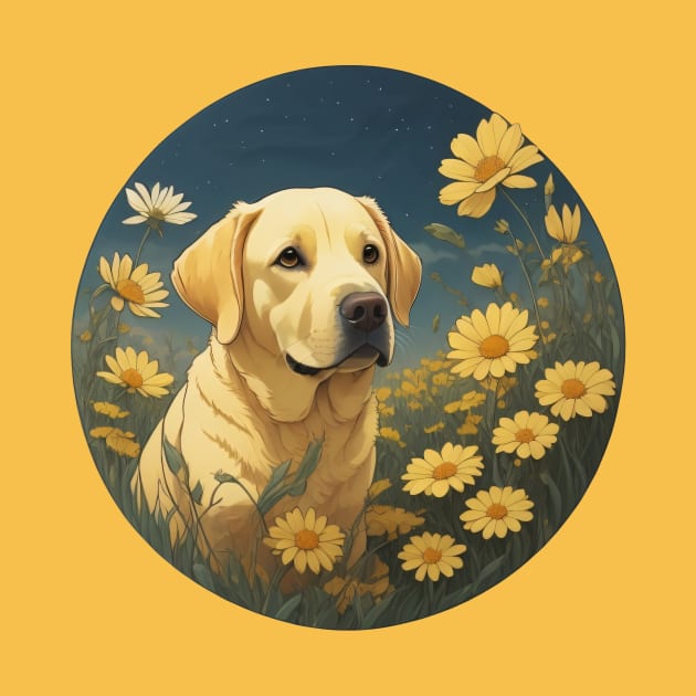 Yellow Lab Daisy Garden At Night by Pet And Petal