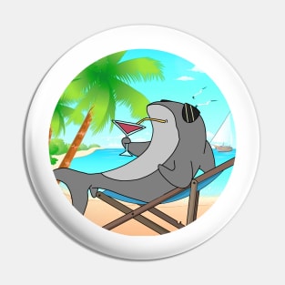 Shark Chilling At Beach With Sunset Comic Style Pin