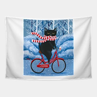 Black Cat Winter Bicycle Ride Tapestry