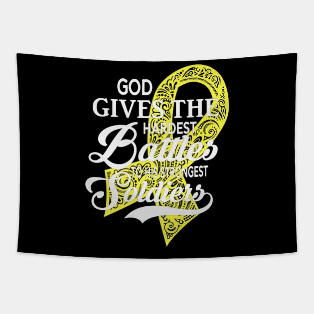 God Gives The Hardest Battles Strongest Soldiers Testicular Cancer Awareness Peach Ribbon Warrior Tapestry by celsaclaudio506