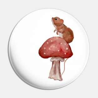 Cute Baby Mouse on Redcap Mushroom Watercolor Pin