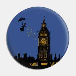 Mary Poppins and Big Ben Linocut Silhouette Print in black, blue and gold Pin