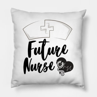 Future Nurse black text design with nurse hat, heart and stethoscope. Pillow