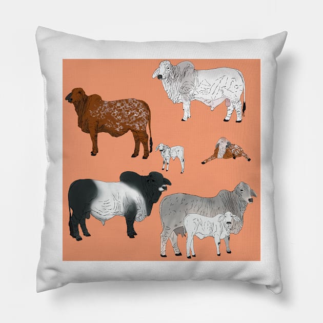 Brahman Cattle Peach Pillow by TrapperWeasel