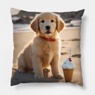 Cute Golden Retriever Puppy With Ice Cream Pillow