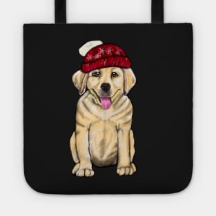 Labrador retriever- festive cute Golden Labrador retriever puppy dog in winter beanie hat Tote