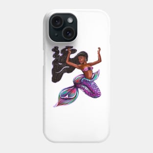 mermaid with flowing braids 2, brown eyes curly Afro hair and caramel brown skin. Black mermaid Phone Case