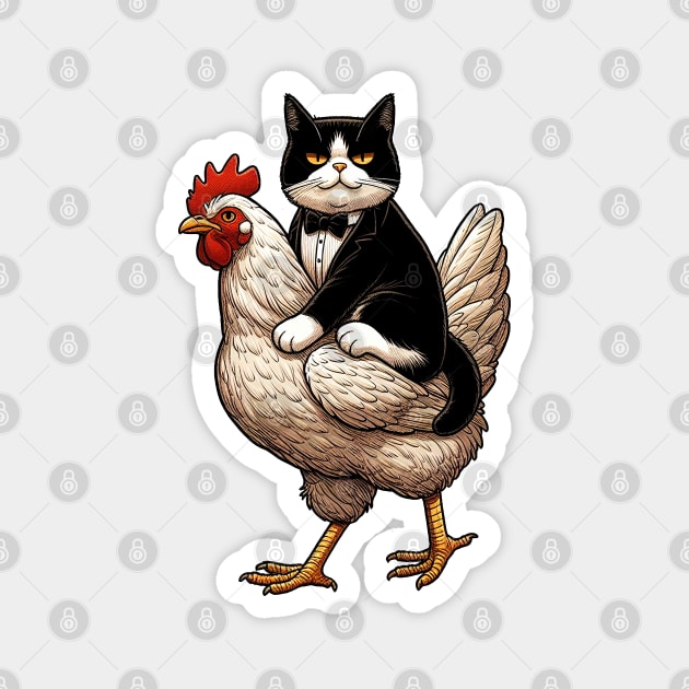 Tuxedo Cat Riding on A Chicken Magnet by Mr.PopArts