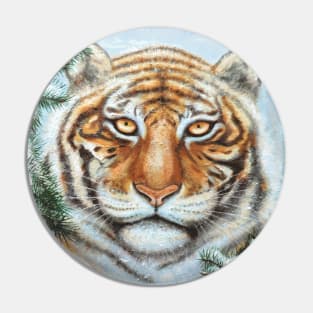 Snow Tiger with Pine Branches Posterized Pin