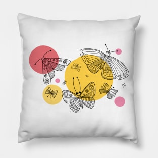 Butterflies line art white with colorful circles Pillow