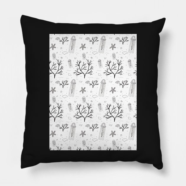 Underwater Pattern with Jellyfish in black and white Pillow by Sandraartist