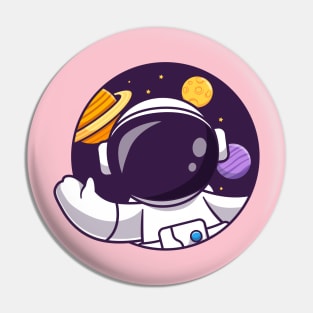 Cute Astronaut Waving Hand In Space Hole Cartoon Pin