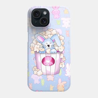 cute blue bunny rabbit in a pot of popcorn on a blue background Phone Case