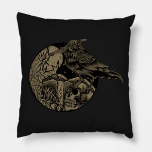 Dark Crow Bird With Skull Pillow